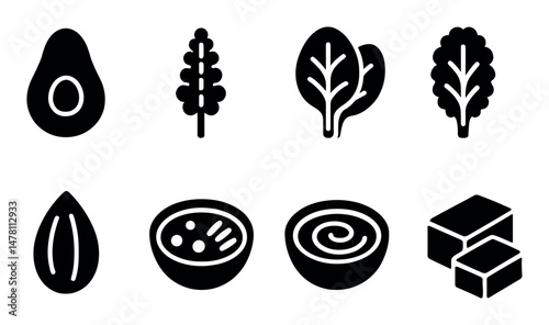 Assorted healthy food icons: avocado, leafy greens, seeds, tofu