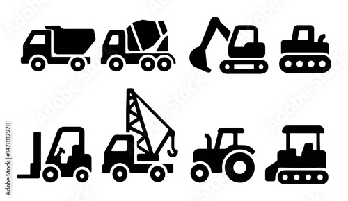 Silhouette icons of construction vehicles and heavy machinery