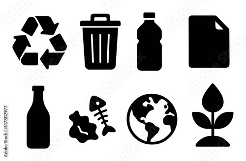Recycling and environmental icons set: bottle, earth, plant, more