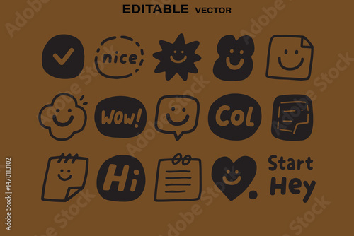 WebCute Smiley Face Vector Set: Speech Bubbles & Positive Words
Kawaii Doodle Emoticons: Fun Vector Stickers