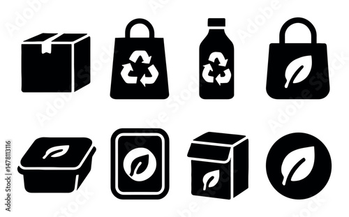 Eco-friendly packaging icons featuring recycling and leaf symbols