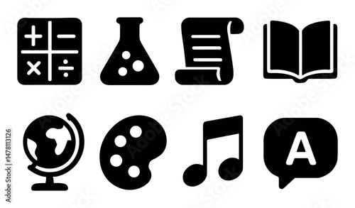 Education and learning icons set – solid, filled, isolated academic and study symbols