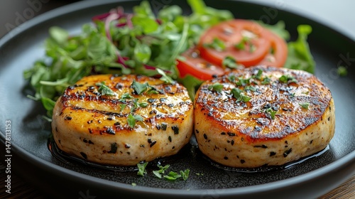 Two grilled fish patties served with a side salad.