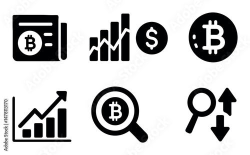 Cryptocurrency icons: bitcoin, dollar, analytics, growth, market analysis