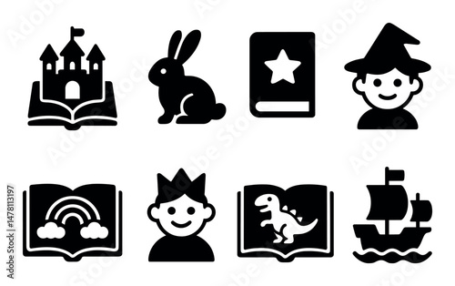 Fairy tale icons: castle, rabbit, wizard, book, ship, crown