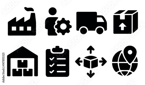 Icon set representing logistics and manufacturing components