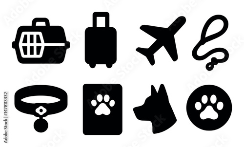 Pet travel icons: carrier, luggage, airplane, leash, collar