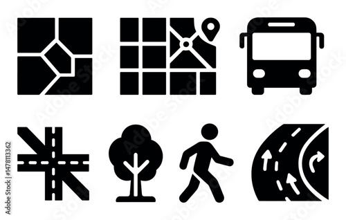 Black icons set: maps, transportation, roads, tree, walker