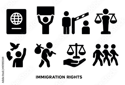 Immigration symbols: passport, protest, equality, borders, justice