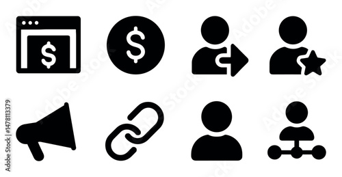 Set of eight black business icons with dollar, user, and link