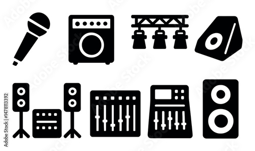 Concert equipment icons: microphone, speakers, mixer, lights