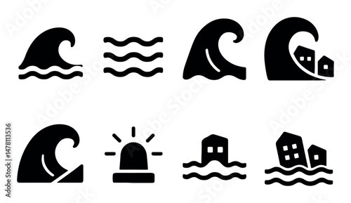 Set of tsunami and flood warning icons with waves and buildings