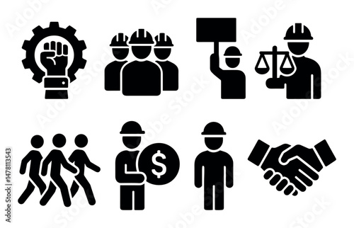 Labor icons set: workers, gear, scale, protest, coin, handshake