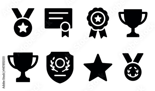 Set of eight black awards and achievements icons