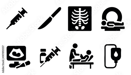 Medical procedures icons set: syringe, x-ray, mri, ultrasound