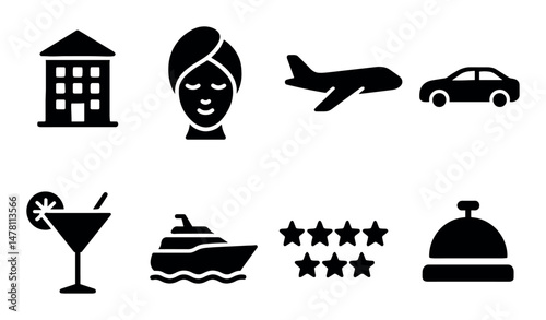 Travel icons set: hotel, male, airplane, car, cocktail, cruise, ratings, bell