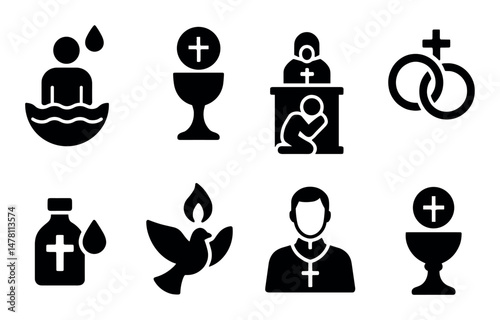 Religious symbols: baptism, communion, marriage, dove, priest silhouettes