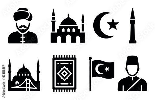 Turkish cultural icons: carpet, mosque, flag, crescent, men, minaret