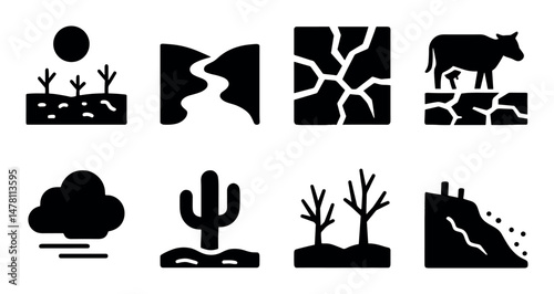 Eight black silhouette icons of drought and environmental effects
