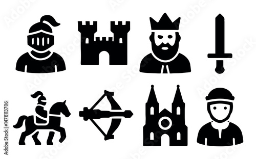 Medieval icons: knight, castle, king, sword, crossbow, cathedral