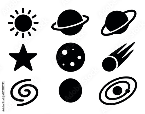 Solar system icons: sun, planets, star, comet, galaxy, orbit