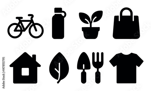 Black icons: bicycle, bottle, plant, bag, house, leaf, tools, shirt