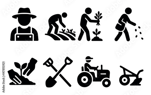 Farming icons: planting, tractor, tools, farmer in overalls