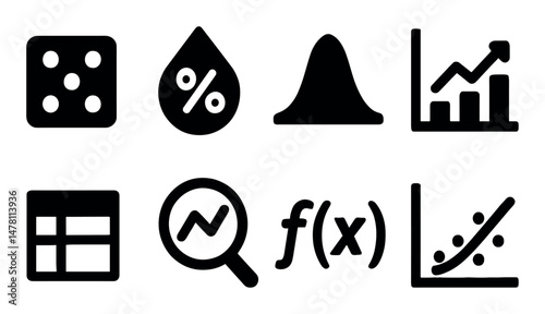 Statistics icons: dice, percent, graph, calculator, functions
