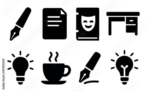 Creative writing tools and ideas: fountain pen, books, desk, lightbulb