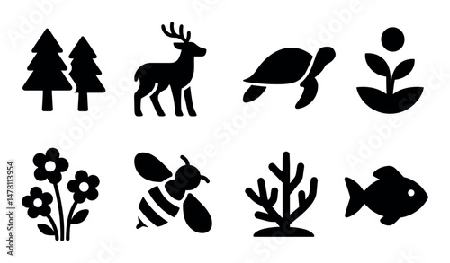 Nature icons: trees, deer, turtle, plant, flowers, bee, coral, fish