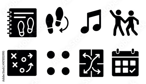 Dance and music icons set – solid, silhouette, isolated rhythm and choreography symbols