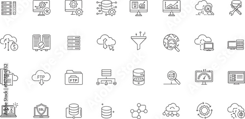 Data Center Line Editable Icons set. Vector illustration in modern thin line style of technology related icons: server, hosting, technical support, and more.