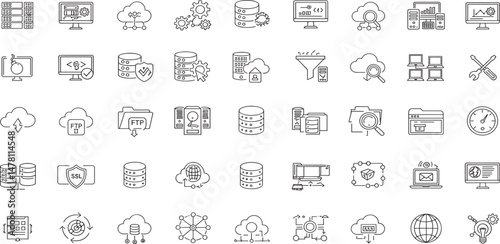 Data Center Line Editable Icons set. Vector illustration in modern thin line style of technology related icons: server, hosting, technical support, and more.