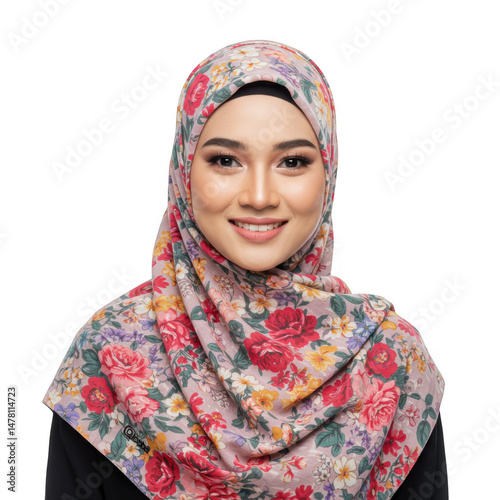 Woman with floral hijab isolated on transparent background