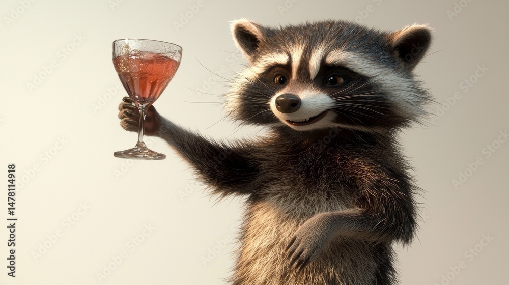 Obraz premium Playful raccoon holds a cocktail in celebration during a sunny afternoon gathering with friends