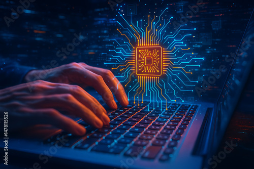 Hands Typing on Laptop with Glowing AI Circuit Chip for Futuristic Technology and Digital Innovation
