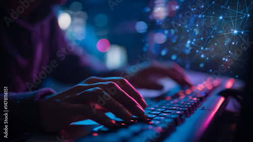 Close-up of hands typing on illuminated keyboard, network connections in background, suggesting digital interaction and online activity