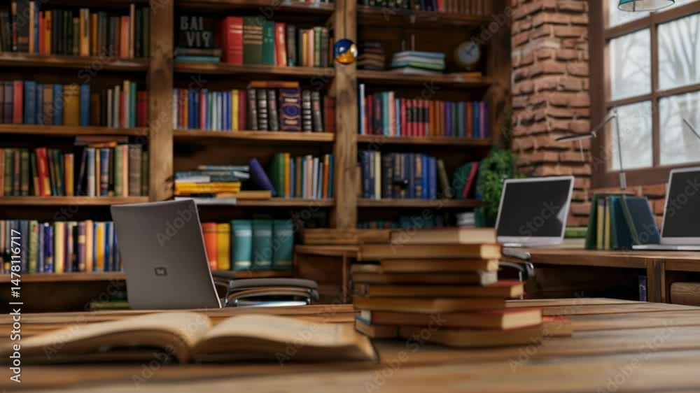 Cozy library scene with open book, laptop, and bookshelves Cozy library scene with open book, laptop, and bookshelves