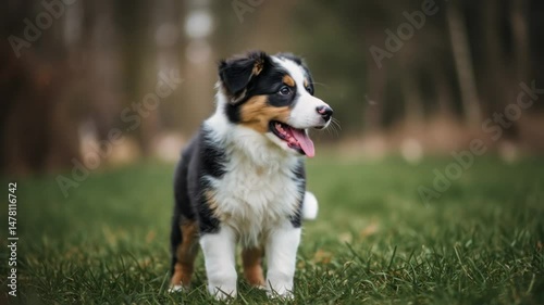 Adorable Border Collie or Australian Shepherd puppy standing on green grass outdoors and wagging tail. Cute playful dog looking at сamera in a park. National Puppy Day. International Dog Day