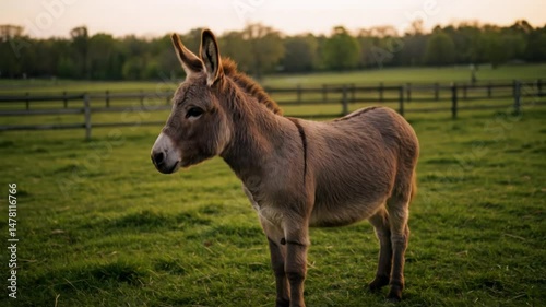Brown donkey standing peacefully in a green farm pasture during golden hour. Rural scene with domestic farm animal looking around. Agricultural livestock footage. World Donkey Day, May 8th.