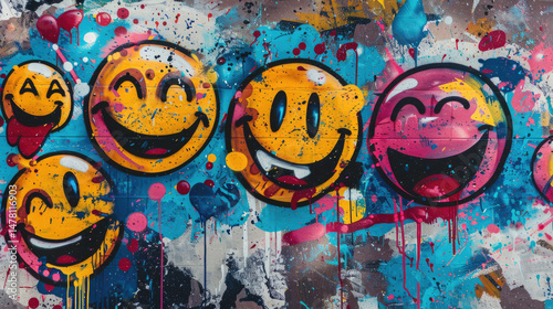 Bright graffiti of colorful smiley faces with bold outlines on a textured urban wall featuring splashes of neon hues