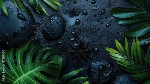 Dark zen garden with wet stones, tropical leaves, and anise star
