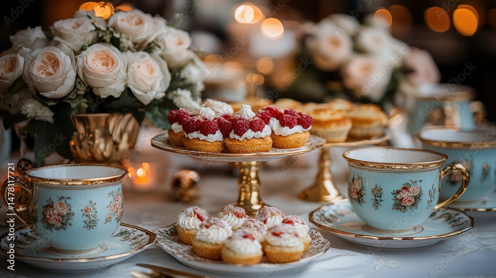 Naklejka premium Elegant desserts and floral arrangements on a lavish table setting.