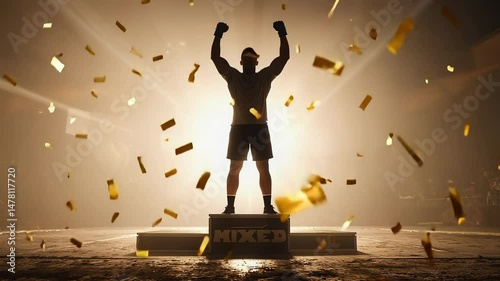 Silhouette of a victorious athlete on a podium with confetti falling, back view, dramatic lighting