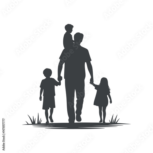Silhouette of a Father Walking with Three Children in a Park Setting