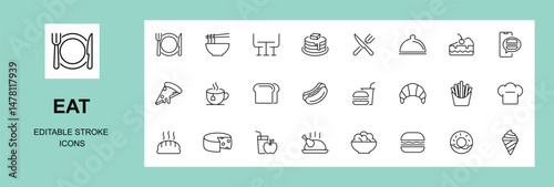 Food and drinks line web icons. Restaurant, Fast food. Burger, donut, pizza, ice cream, coffee. Editable stroke.
