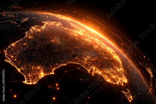 Australia's nighttime city lights shine brightly, connected by glowing network lines, showcasing global connectivity and technological advancement