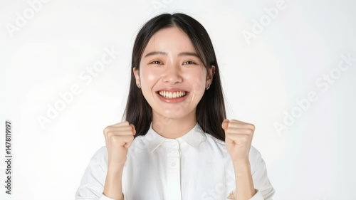 Smiling Asian woman in white shirt cheering with fists up on white background