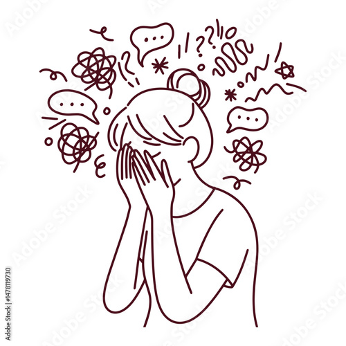 Sad young woman overwhelmed by chaotic thoughts and emotions crying with hands covering face drawn in minimalist black and white line art style symbolizing emotional breakdown, depression, anxiety