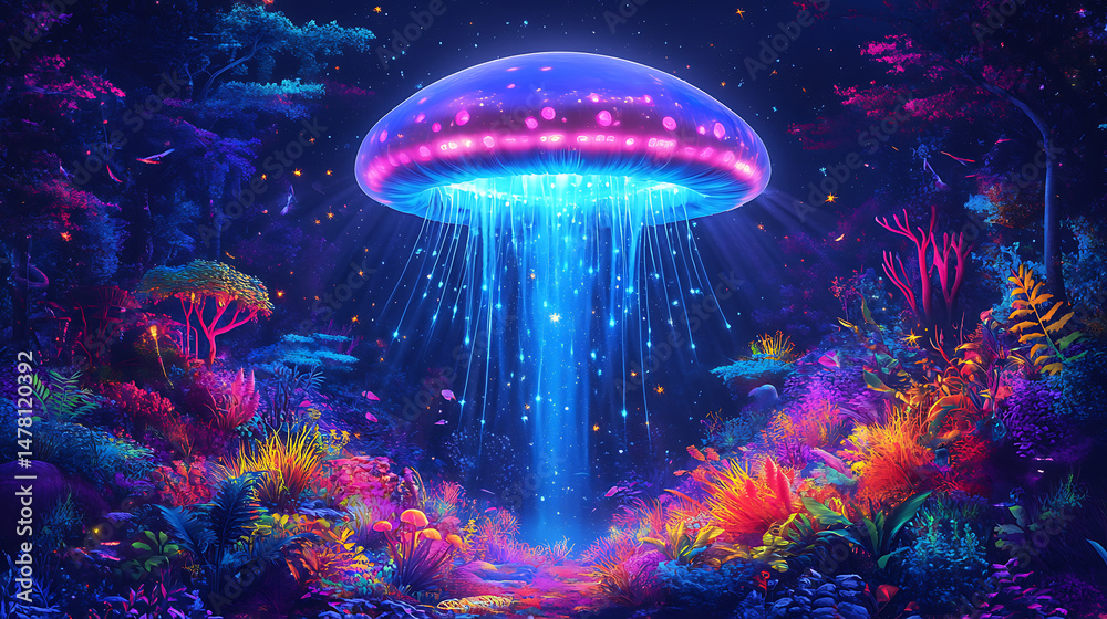 Fototapeta premium A vibrant, glowing jellyfish illuminates a colorful underwater scene filled with diverse marine life